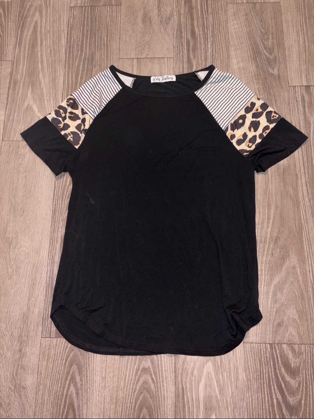 feathers Black Tee with Striped and Leopard Sleeve Accents